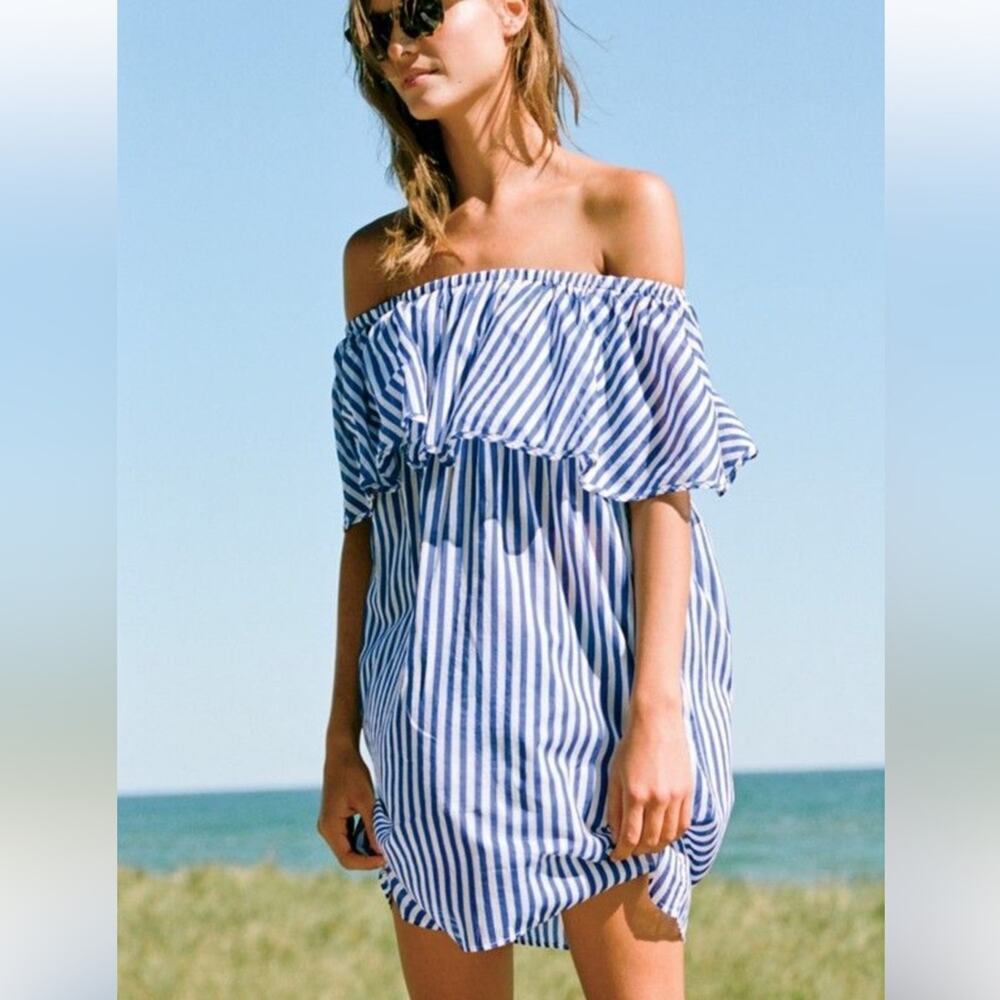 J Crew Blue and White Striped Off-Shoulder Dress